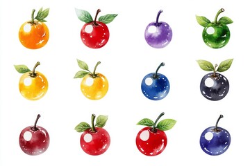 A colorful grid of illustrated fruits, featuring various apples and oranges, each with vibrant colors and leaves.