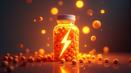 A glowing vitamin bottle surrounded by symbols of energy: lightning bolt, brain, and heart. Bright yellow and orange tones evoke vitality, strength, and mental clarity.