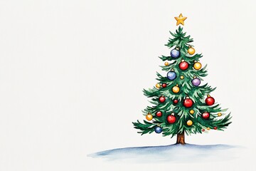 Obraz premium A decorated Christmas tree with colorful ornaments and a star at the top, set against a light background, evoking festive cheer.