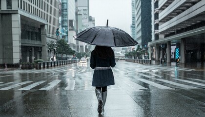 비 오는 거리에서 우산을 쓰고 혼자 걷는 사람의 뒷모습