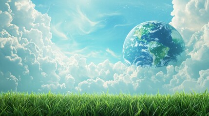 Obraz premium A serene landscape featuring lush green grass under a vibrant sky with clouds, showcasing a distant view of Earth.