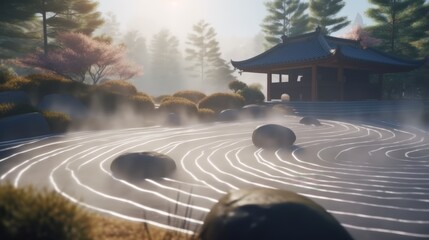 Japanese Zen garden transformed into flowing digital energy lines, featuring soft mist effects for a calming meditation visualization that embodies tranquility and serenity.