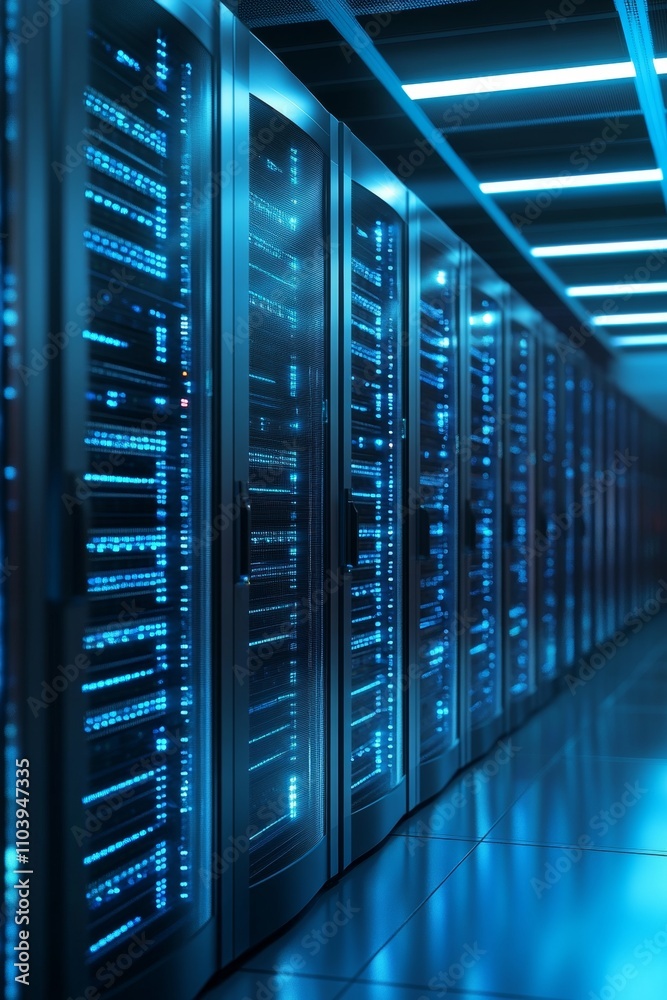 Poster modern server room featuring rows of black and blue mainframe computers for cloud computing services