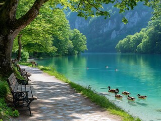 A clean billboard near a scenic lake with ducks swimming and people sitting on benches