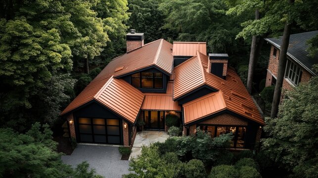Aerial view of a modern house with a copper roof surrounded by lush green trees, showcasing brick walls and large windows, located in a forest setting.