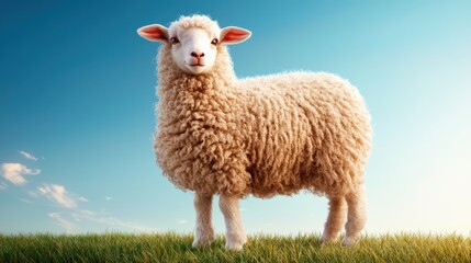 Obraz premium Fluffy Sheep Standing in Green Grass Under Bright Blue Sky