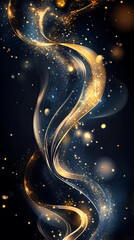 Abstract pattern dazzling background swirling streams of gold and silver glitter, soft glowing bokeh lights, firework patterns black-to-navy gradient, elegant luxurious and celebratory