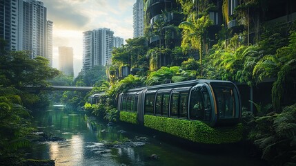 A futuristic train surrounded by lush greenery and urban architecture at sunrise.