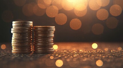 Stacked golden coins glimmer against a blurred, warm background, creating an elegant and luxurious financial theme.