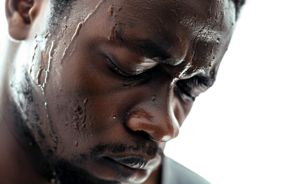 Person with Head Lowered and Solemn Look Isolated on Transparent Background PNG.