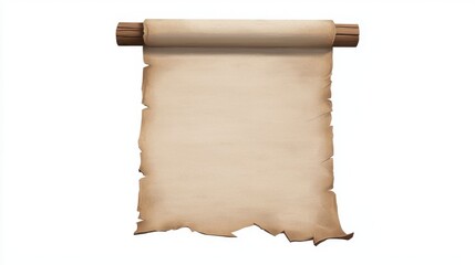 An aged parchment scroll with frayed edges, resting on wooden rollers, ideal for historical or artistic representations.