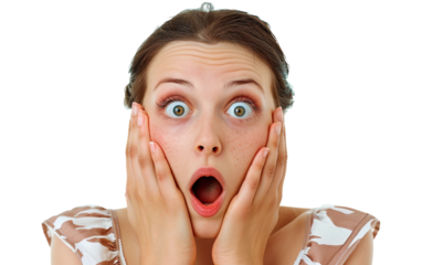 Person with a Surprised Look and Hands on Cheeks Isolated on Transparent Background PNG.