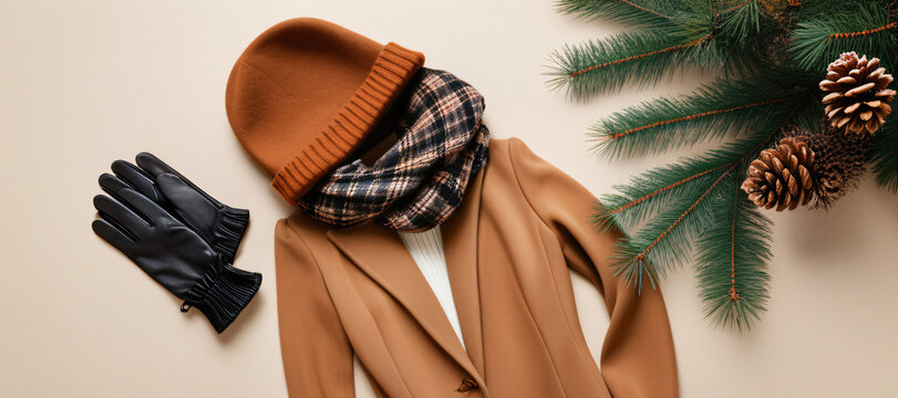 Autumn outfit concept featuring a hat, gloves, glasses, and a scarf against a backdrop of foliage and a pine cone on a neutral surface.