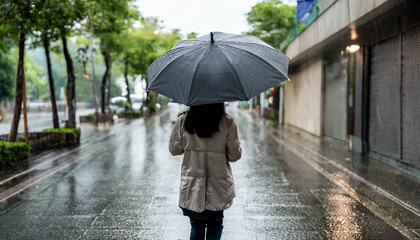 비 오는 거리에서 우산을 쓰고 혼자 걷는 사람의 뒷모습