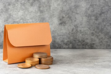  Un sobre naranja colocado junto a una pila de monedas doradas sobre una superficie gris minimalista.
