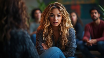 A group discussion with a focused woman in a cozy setting.