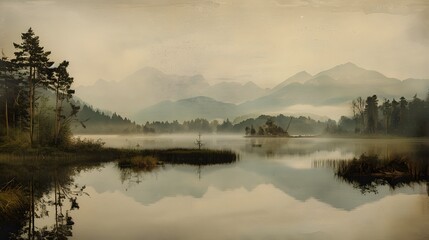 Fototapeta premium Serene Mountain Lake Reflecting Misty Peaks