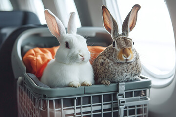 A rabbit and cockatiel in premium pet carriers onboard plane.