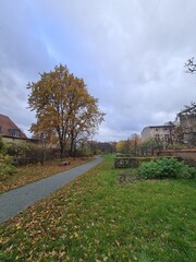 Sicht auf einen schönen Park an einem Herbsttag, mit atmosphärischem Himmel, in Berlin Neukölln (Böhmisch - Rixdorf)