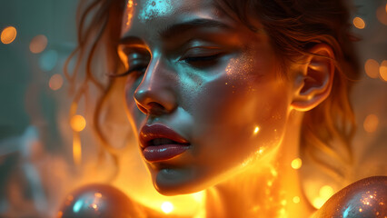 Fototapeta premium Surreal Woman with Glowing Metal Skin