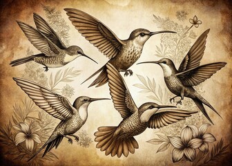 Vintage Engraving of Hummingbirds: Hand-Drawn Ink Illustrations of Tropical Birds in Black and White with Artistic Silhouettes for Nature and Botanical Art Lovers