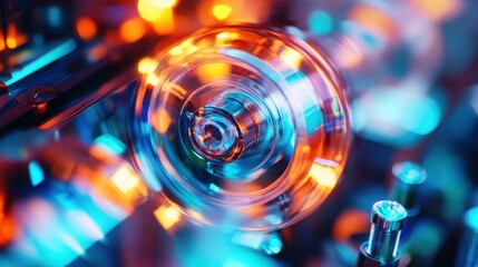 Abstract motion blur of spinning glass and metallic components with vibrant orange and blue lighting