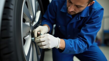 Screws and bolts for car modifications. Mechanic in blue uniform expertly adjusts car's tire with gloved hands in a garage setting, focusing on precision and safety.
