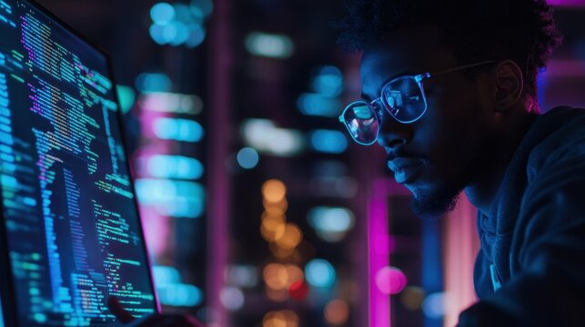 Male software developer working on a computer screen with code at night