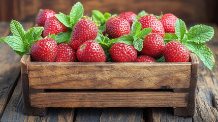 Fresh strawberries in wooden crate with mint leaves, perfect for desserts