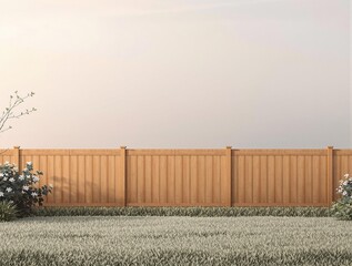 Fototapeta premium Beautiful wooden garden fence painted in medium oak tone for aesthetics, landscaping, backyard decor, natural wood, elegant