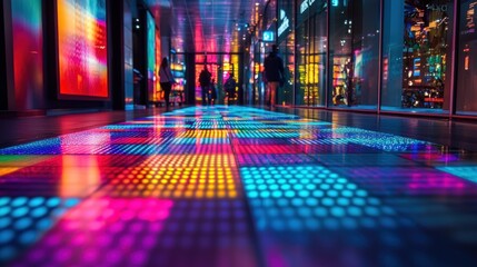 Vibrant Colorful LED Floor Lights Illuminated Pathway Night Cityscape