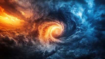 Fototapeta premium Swirling storm clouds create a dramatic contrast of orange and blue in the sky