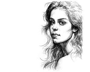 face of woman pencil drawing for card decoration illustration