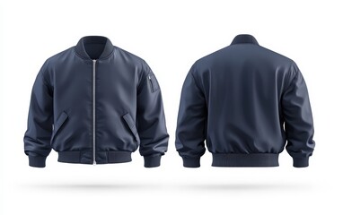 Blank navy blue jacket mockup, front and back view, 3D rendering, white background 