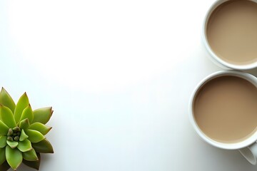 Two White Coffee Cups with Creamy Beverage on Table Next to Green Succulent Plant, Minimalist Flat Lay Composition for Modern Lifestyle and Relaxation Themes