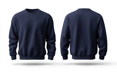Blank navy blue sweater mockup, front and back view, 3D rendering, white background
