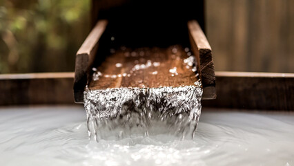 Close-up of a Japanese bath and flowing water. Calming and relaxing spa scene. Spa, relaxation and health concept.