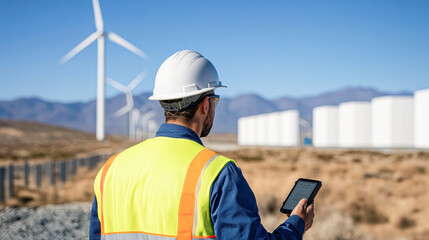 Obraz premium Energy monitoring action wind farm technology outdoor close-up view sustainability