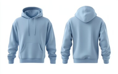 Blank light blue hoodie mockup, front and back view, 3D rendering, white background