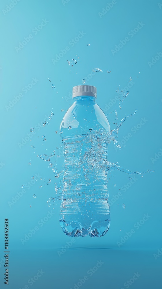 Poster Water is splashing a transparent plastic bottle floating on a light blue background, creating a refreshing and dynamic visual