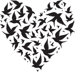 Heart-shaped design filled with flying birds. A striking black and white graphic design of a heart shape formed by numerous silhouettes of birds in flight.