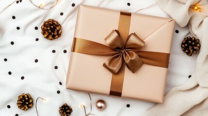 A beautifully wrapped gift with polka dots and a black ribbon rests on a soft pink background. This packaging exudes charm and is ideal for special occasions or festive celebrations