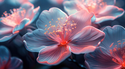 abstract flowers filled with inner light and surrounded by luminous particles. 