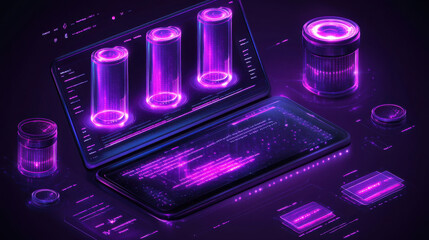 Futuristic digital interface showcasing hydrogen energy concepts with glowing purple elements, including batteries and data displays, emphasizing innovation and technology