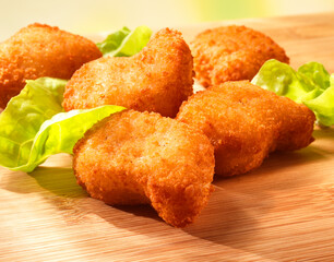 Nuggetts, Nuggets auf Holzplatte, Hühnchen, Filets, 