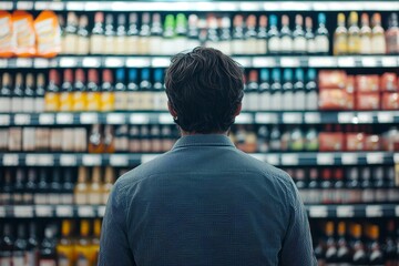 Man from behind contemplating his choice of wine or beer in a supermarket aisle setting
