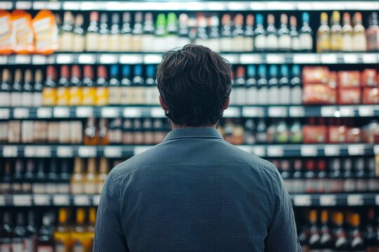 Man from behind contemplating his choice of wine or beer in a supermarket aisle setting