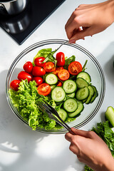 Fresh salad preparation with vibrant vegetables like tomatoes and cucumbers, showcasing healthy lifestyle. hands mix ingredients in clear bowl, emphasizing freshness and color