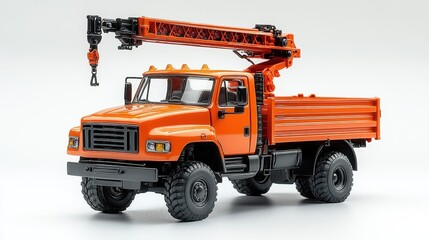 Fototapeta premium Bright Orange Truck with Crane Attachment in a Clean Studio Setting