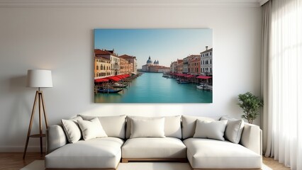Family gallery walls. A serene living room with a white sofa, colorful pillows, and a large framed artwork depicting a beautiful canal scene.